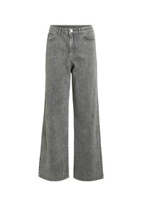 Jeans de pierna ancha a rayas grises con cintura alta, que cuentan con bolsillos frontales y un cierre de botón único. Tejido texturizado con rayas verticales.
