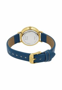 Goldfarbene Uhr mit rundem Ziffernblatt, blauem Lederarmband und silberfarbener Hardware. Verfügt über eine Lederrückseite und einen Metallschnallenverschluss.