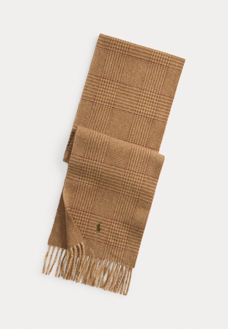 Brown checked scarf made of woven fabric, featuring fringed edges and a small logo emblem in the lower corner.