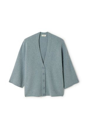 Svetlomodrý pletený kardigán s výstrihom do V, krátkymi rukávmi a šiestimi gombíkmi vpredu. Mäkká textúra s ryhovanými detailmi po celej ploche.