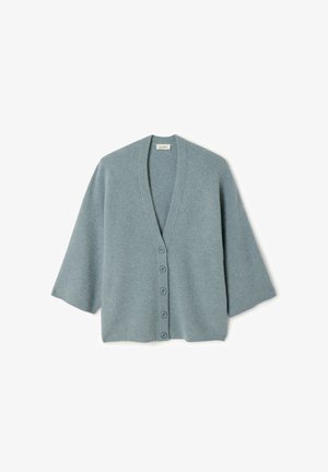 Svetlomodrý pletený kardigán s výstrihom do V, krátkymi rukávmi a šiestimi gombíkmi vpredu. Mäkká textúra s ryhovanými detailmi po celej ploche.
