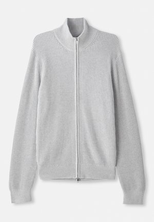 Gray ribbed sweater with high collar and zip closure, featuring long sleeves and textured fabric. Simple design and neutral color.