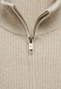 Beżowy sweter z półsuwałem, w prążek, z srebrnym zamkiem błyskawicznym. Tkanina ma teksturowany wzór dzianiny i stójkę.