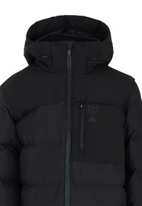 Veste noire rembourrée avec fermeture éclair à l'avant, capuche ajustable et poche sur la poitrine gauche. Fabriquée en matériau léger et résistant à l'eau.