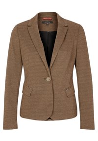 Blazer marron à carreaux avec une fermeture à un seul bouton, des revers crantés, deux poches avant et une doublure noire. Coupe ajustée, tissu texturé.