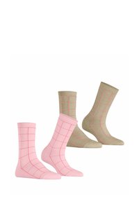 Twee paren sokken: één roze met een rasterpatroon in lichtroze en één groen met een vergelijkbaar rasterpatroon in donkerroze. Van een katoenmix.