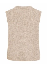 Bēša adīts piedurkņu džemperis ar mīkstu un teksturētu virsmu, apaļu kakla izgriezumu, taisnu apakšmalu un bez redzamām aizdari.