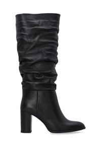 Schwarze Lederstiefel in Knielänge mit einem lässigen Design, runder Spitze und einem klobigen Blockabsatz, der eine glatte und elegante Silhouette schafft.