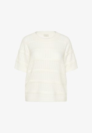 Pull blanc à manches courtes avec motif texturé, comprenant des designs côtelés et torsadés. Fabriqué en tissu doux et léger. Col rond.