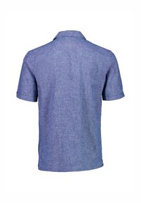 Korte mouwen shirt in een lichtblauwe linnenmix stof. Heeft een klassieke kraag en een rechte snit met een lichtgeweven afwerking.