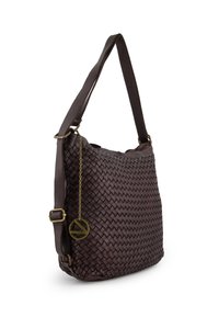 Brown woven leather handbag with a shoulder strap, featuring a decorative chain and circular tag. Smooth texture, medium-sized design.