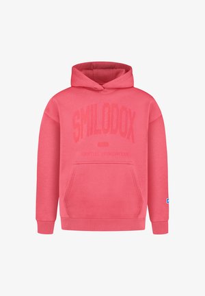 Koraalroze hoodie met voorvak en de tekst "SMILODOX ESSENTIAL SPORTSWEAR" gedrukt op de borst.