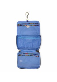 Hang-organizer met een lichtblauwe stof exterior, meerdere ritszakken, gaasaccenten en een stevige haak om op te hangen.