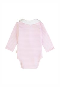 Bodysuit per neonati a maniche lunghe di colore rosa chiaro con righe bianche, dotato di un colletto bianco e chiusura a scatto nella parte inferiore per una facile vestizione.