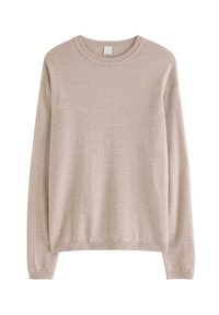 Beiger gestrickter Pullover mit Rundhalsausschnitt, langen Ärmeln und gerippten Bündchen und Saum. Weiche Textur und lockere Passform.