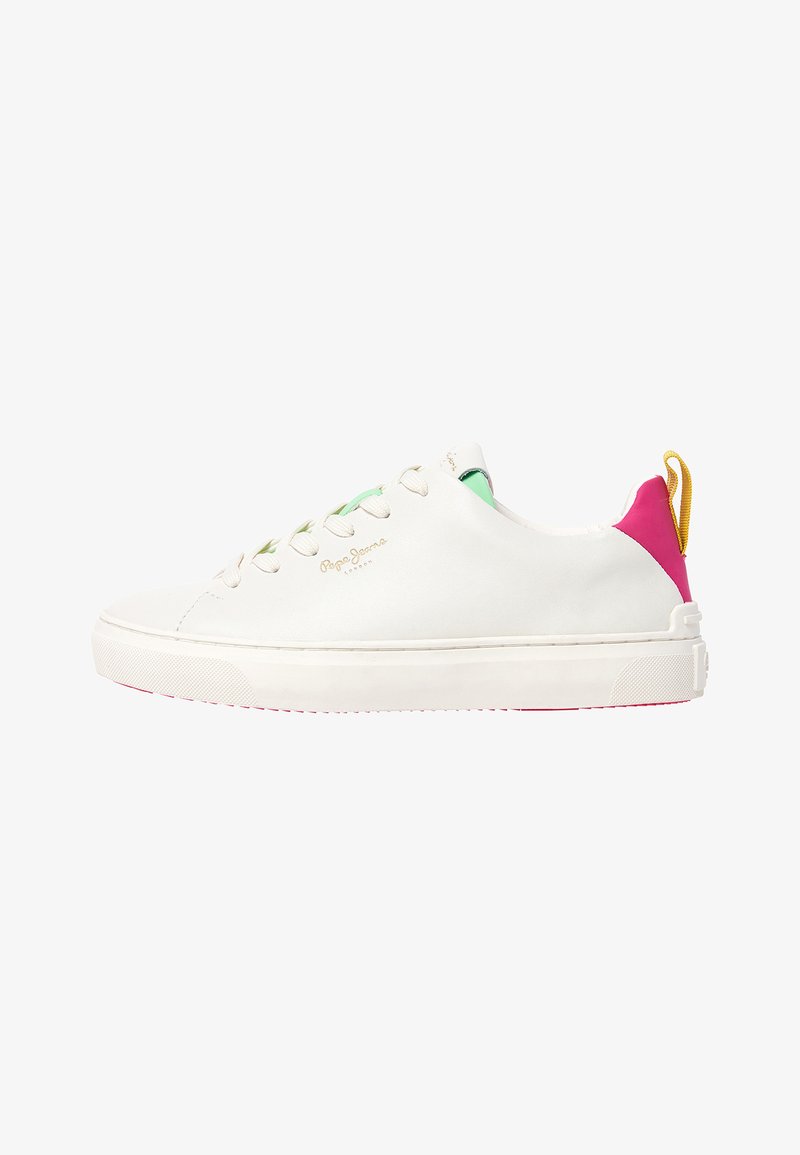 Zapatillas deportivas blancas con acentos en verde, rosa y amarillo. Con parte superior de cuero suave, puntera redonda, cierre de cordones en la parte delantera y suela texturizada.