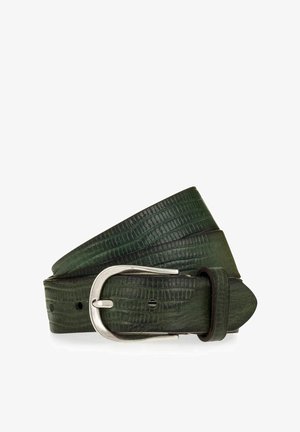 Ceinture en cuir vert foncé avec un motif texturé, boucle en métal argenté et plusieurs trous d'ajustement pour la taille.