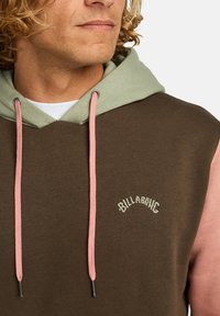Sudadera marrón con capucha verde claro, detalles en rosa y logotipo bordado. Presenta cordones con puntas metálicas plateadas y una textura suave.