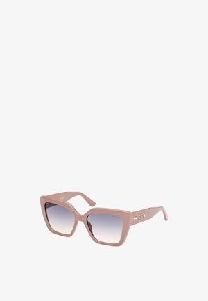 Pink plastic sunglasses with oversized square frames, gradient dark to light lenses, and decorative accents on the arms featuring small gems.