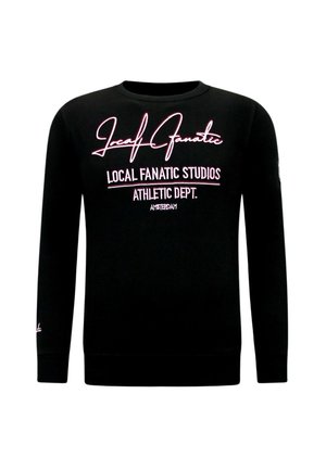 Zwart sweatshirt met lange mouwen en roze tekst "Local Fanatic," "Local Fanatic Studios," "Athletic Dept.", en "Amsterdam" aan de voorkant.