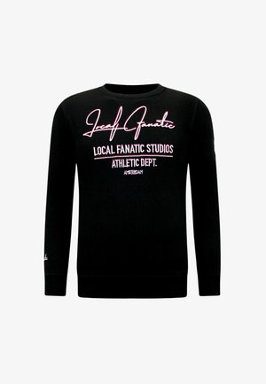 Zwart sweatshirt met lange mouwen en roze tekst "Local Fanatic," "Local Fanatic Studios," "Athletic Dept.", en "Amsterdam" aan de voorkant.