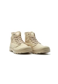 Beige High-Top-Sneaker aus Canvas mit Gummisohlen, runden Schnürsenkeln, verstärkter Zehenkappe und einem Markenetikett an der Seite.