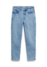 Jeans en denim bleu clair avec une coupe droite, cinq poches et un léger délavage. Ils présentent des garnitures en argent et une fermeture classique à bouton et fermeture éclair.