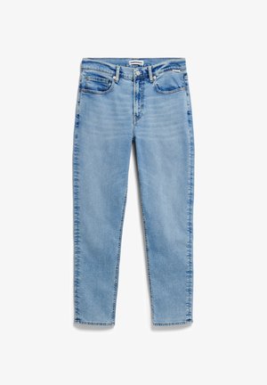 Jeans in denim blu chiaro con taglio dritto, cinque tasche e una leggera scoloritura. Presentano dettagli in metallo argentato e una chiusura classica con bottone e cerniera.