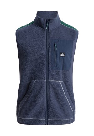 Marineblaue Fleece-Weste ohne Ärmel mit Frontreißverschluss, Reißverschlussbrusttasche, Kängurutaschen und grünen Schulterakzenten.