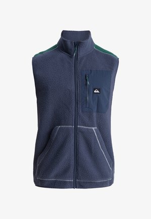 Marineblauwe fleece sleeveless vest met rits aan de voorkant, met rits afgesloten borstzak, kangoeroezakken en groene schouderaccenten.