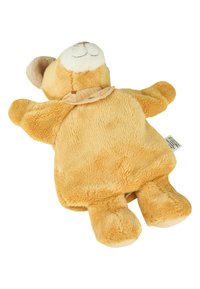 Soft plush teddy bear in light brown hue, featuring rounded ears, a smiling face, and a fabric collar. Textured, cuddly material.