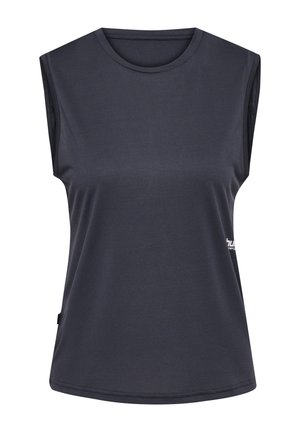 Mouwloze sporttop in donkergrijs, gemaakt van textiel met structuur. Heeft een ronde halslijn en een minimale branding aan de voorkant.