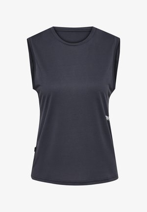 Mouwloze sporttop in donkergrijs, gemaakt van textiel met structuur. Heeft een ronde halslijn en een minimale branding aan de voorkant.