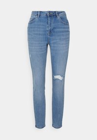 Jeans de ganga azul claro com corte slim, apresentando uma cintura de altura média, desvios subtis e um detalhe de joelho desgastado. Design clássico de cinco bolsos.