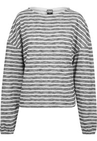 Grauer und weiß gestreifter Longsleeve mit lässigem Schnitt, rundem Ausschnitt und gerafften Bündchen. Hergestellt aus einem weichen, leichten Stoff.