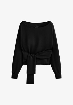 Hanorac negru cropped cu mâneci lungi, decolteu larg și un detaliu mare cu fundă din material în talie.
