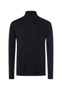 Czarna, długi rękaw turtlenecka z lekkiego materiału, o dopasowanym kroju z wysokim kołnierzem, bez widocznych wzorów lub akcentów.