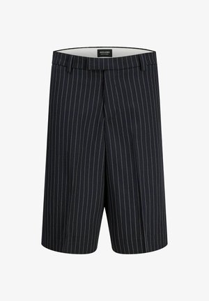 Tumesinised põlvpikad püksid valgete vertikaalsete triipudega, vööaasad ja ees oleva tõmblukuga, sildistatud Jack & Jones.