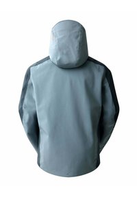Veste imperméable grise avec capuche, comportant des accents latéraux noirs et une texture lisse, conçue pour une utilisation en extérieur. Vue de dos présentée.