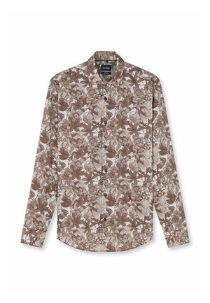 Long-sleeve button-up shirt with a brown and beige floral pattern on a light background, featuring a pointed collar.