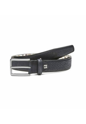 Textured dark blue leather belt with a silver rectangular buckle, featuring an accent stitch and a subtle logo embossed near the buckle.