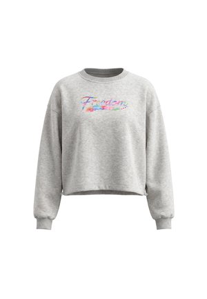 Lysegrå cropped sweatshirt med lange ærmer og flerfarvet tekst "Freedom" midt foran.