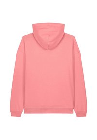 Haut à capuche rose avec capuche, manches longues, poignets et ourlet côtelés. Texture lisse, sans motifs ni logos visibles. Vue arrière.