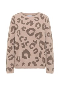 Beżowy sweter o teksturowanym, miękkim wykończeniu z brązowym wzorem w panterę. Posiada okrągły dekolt i długie rękawy. Metka marki: CECIL.