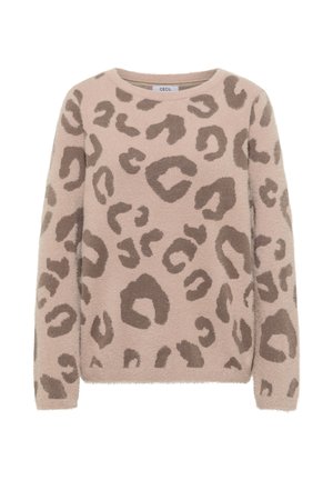 Beige svetr s texturovaným, měkkým povrchem, zdobený hnědým leopardím vzorem. Má kulatý výstřih a dlouhé rukávy. Značka: CECIL.