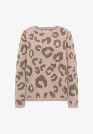 Pull en beige avec une finition douce et texturée, arborant un imprimé léopard marron. Il a un col rond et des manches longues. Étiquette de marque : CECIL.
