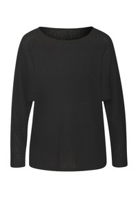 Schwarzer, leichter, langärmeliger Strickpullover mit rundem Halsausschnitt und leicht lockerer Passform.