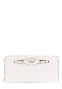 Portefeuille zippé blanc en matériau synthétique texturé, avec une plaque logo dorée et des accents de boucle à l'avant.