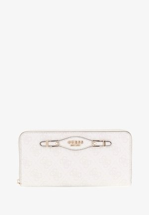 White zip-around wallet made of textured synthetic material, featuring a gold-tone logo plaque and buckle accents on the front.