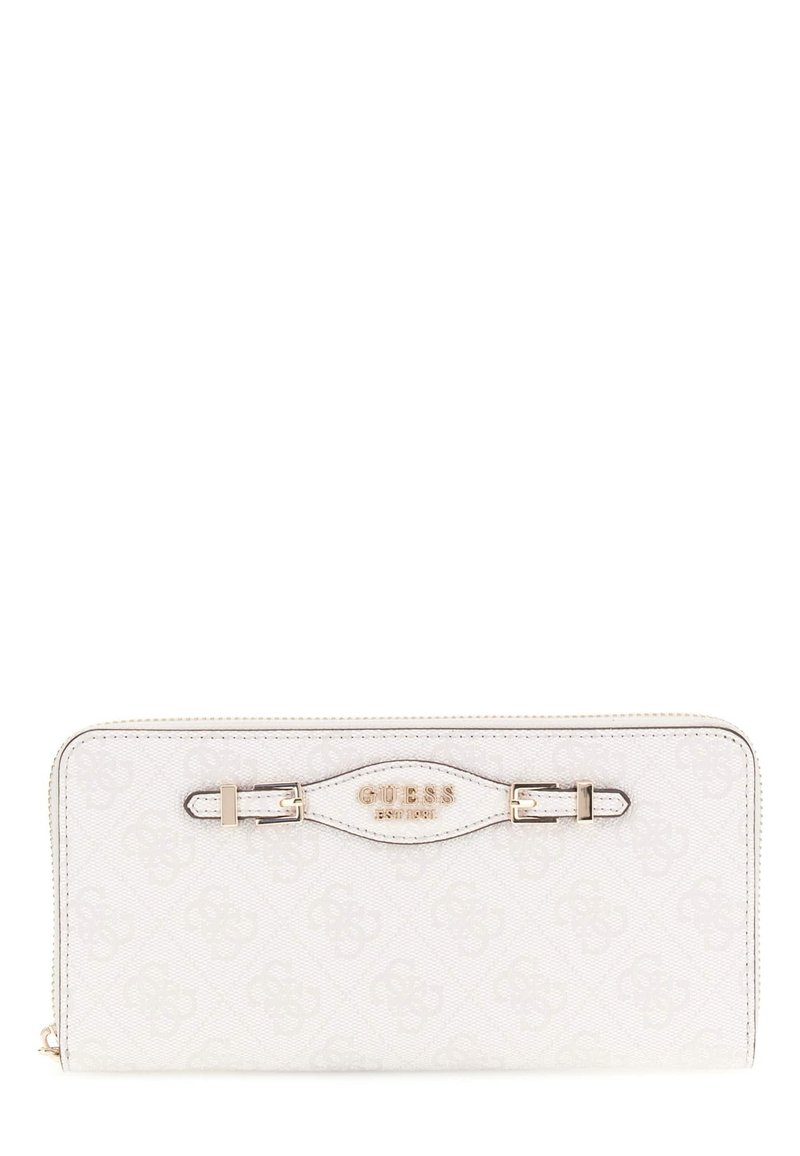 Portefeuille zippé blanc en matériau synthétique texturé, avec une plaque logo dorée et des accents de boucle à l'avant.